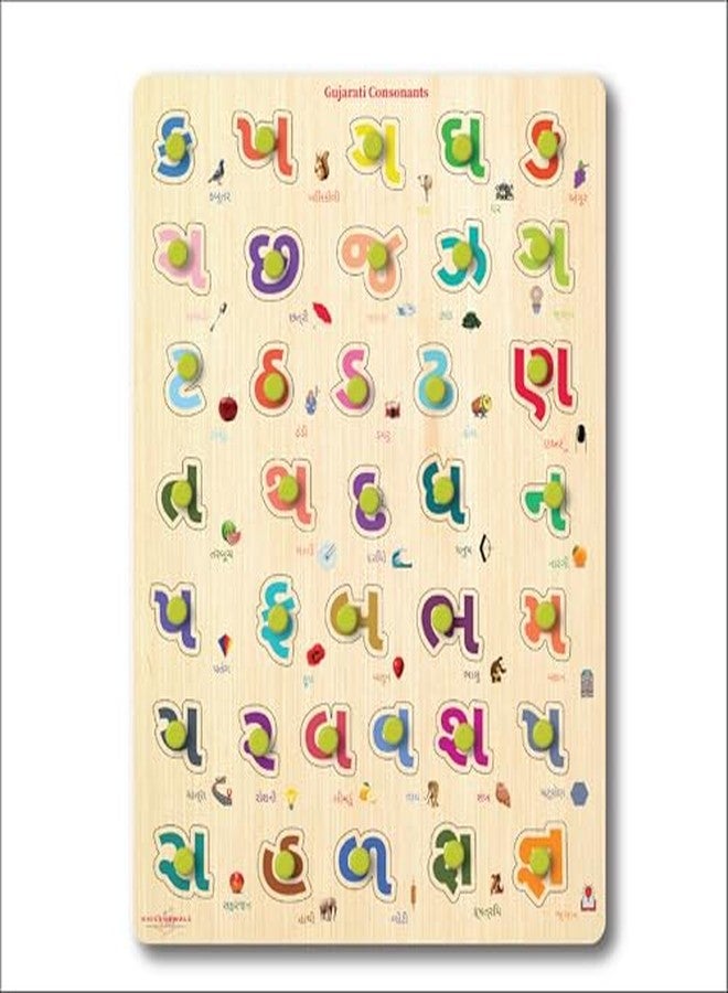 Khilonewale Wooden Knob Puzzle in Gujarati Language for Kids Age 3+ | 9x12 Inch Educational Alphabet & Word Learning Board | Montessori Early Learning Toy | Safe, Durable Wooden Puzzle (Gujrati Consonant) - Image 1